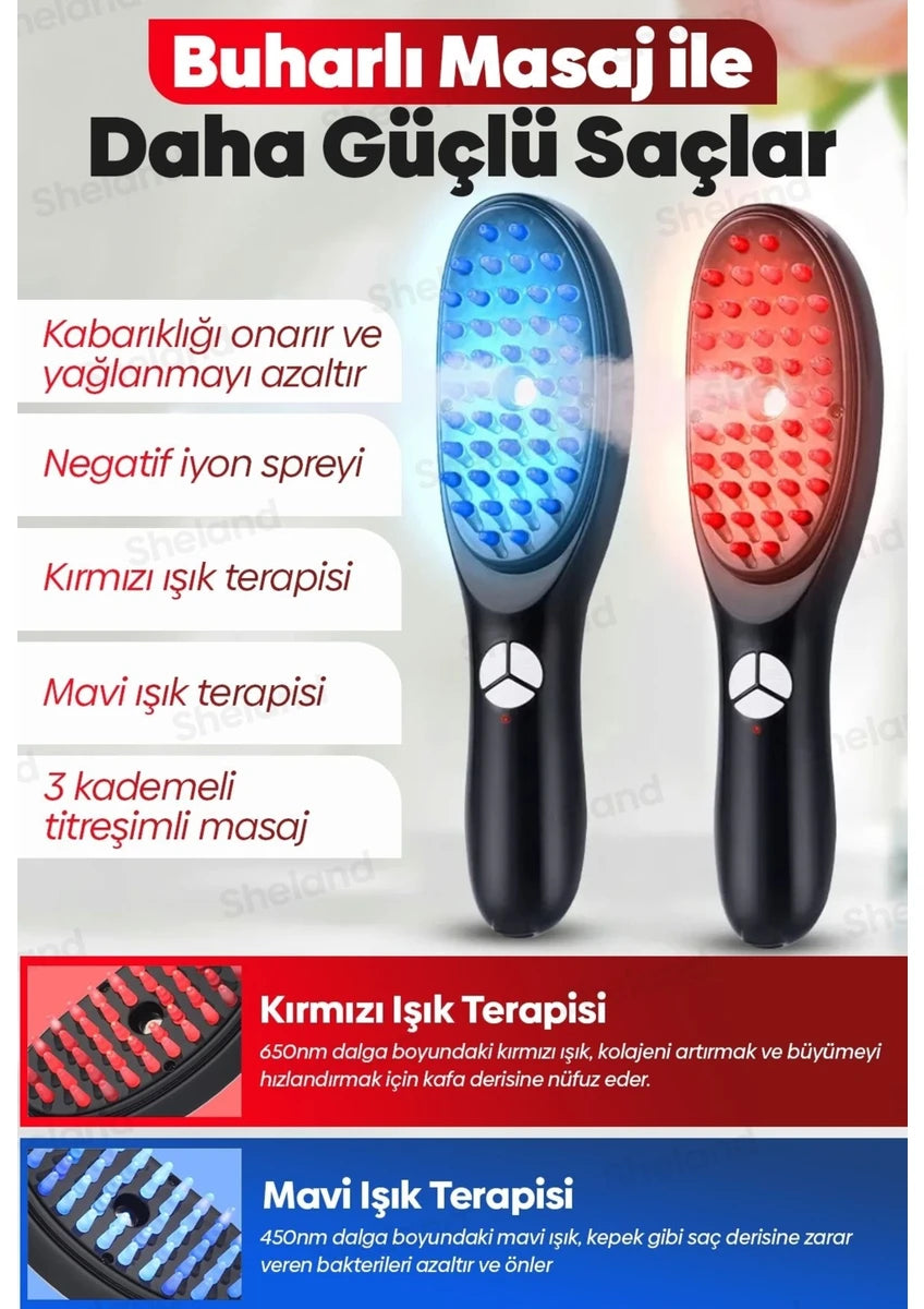 Buharlı Titreşimli ve Kırmızı Mavi Işık Terapili Kafa ve Saç Bakım Tarağı